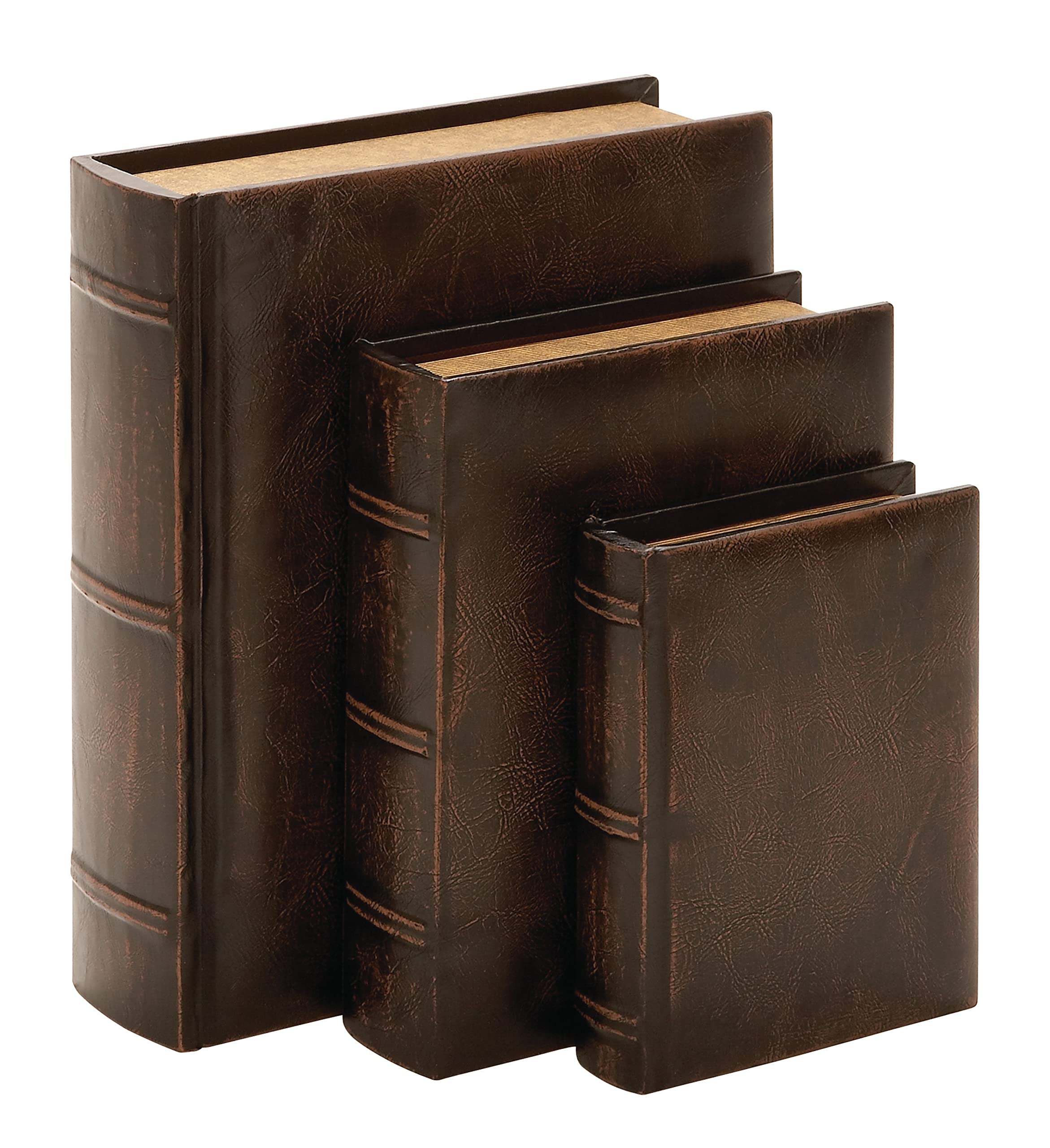 Deco 79 Wooden Decorative Box Faux Storage Book Book Shaped Boxes with Faux Leather Detailing Set of 3 Decorative Keepsake Boxes 13" 10" 8"H Brown