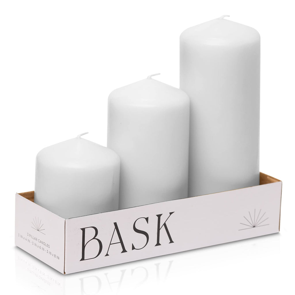 Bask Cone Top Pillar Candles - Elegant White Candles - Set of 3 White Pillar Candles - 3"x4" 3"x6" and 3" x8 - Smokeless and Dripless Decorative Candles for Home Decor and Relaxation
