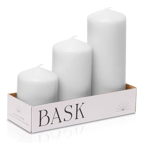 Bask Cone-Top Pillar Candles — White, Set of 3