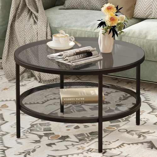 2-Tier Round Glass Coffee Table — Black Glass, 26 in