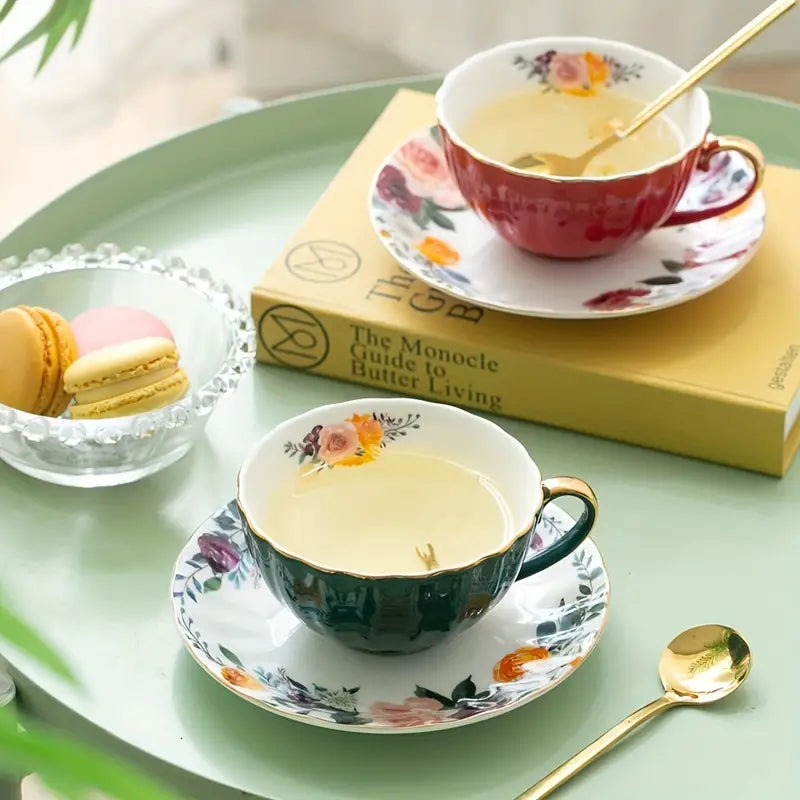 Vintage Ceramic Coffee Mug Set with Saucer and Spoon