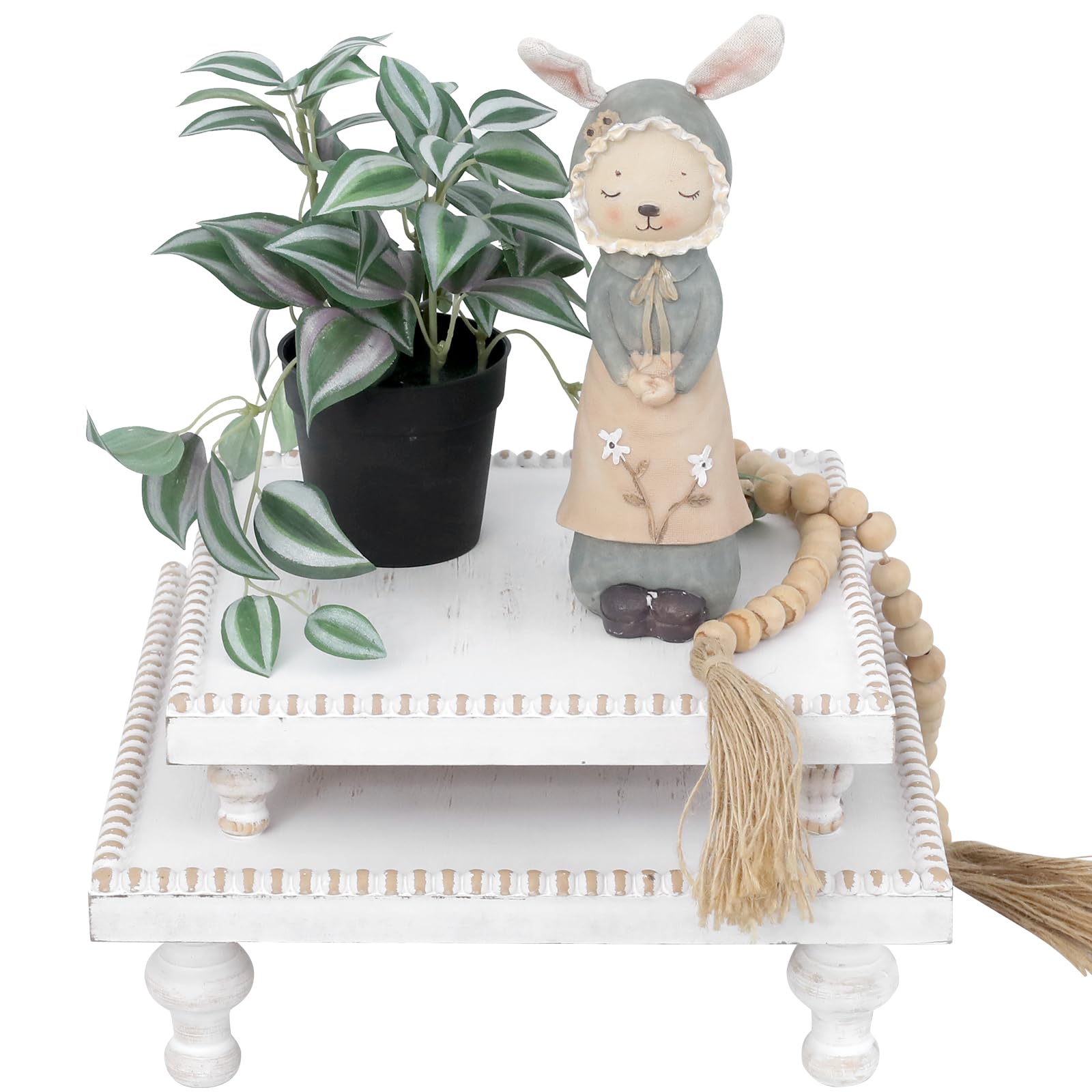 SwallowLiving Rustic White Square Wood Tray Riser Farmhouse Pedestal Stand with Beaded Edge for Decor Wooden Finish Cupcake Display for Cakes and Decorative Items 11.8 inches