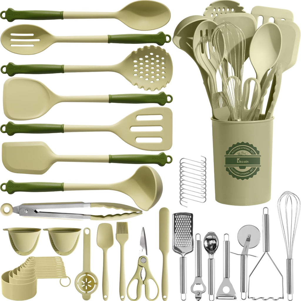 43-Piece Silicone Kitchen Utensils Set with Holder, Avocado Green