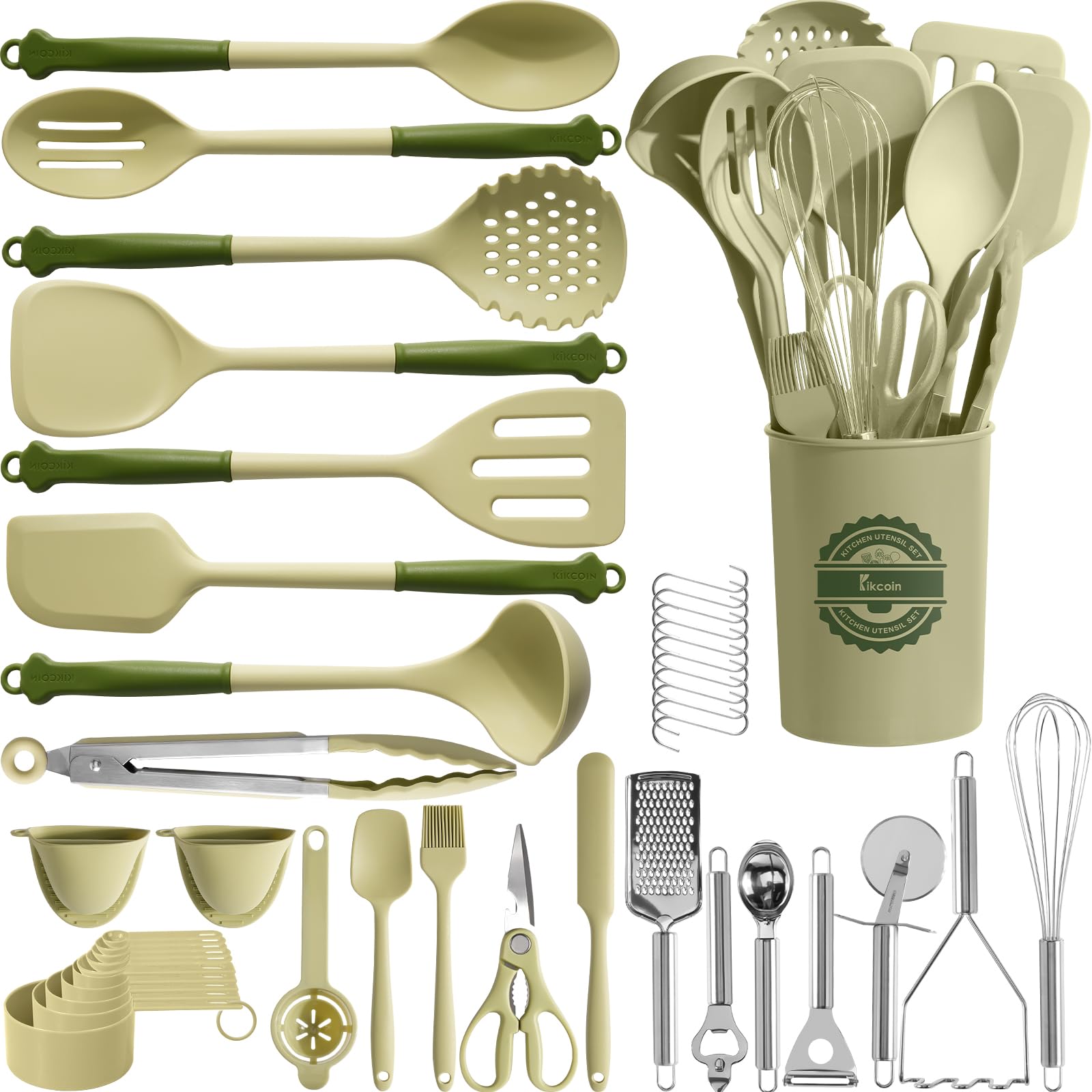43-Piece Silicone Kitchen Utensils Set with Holder, Avocado Green