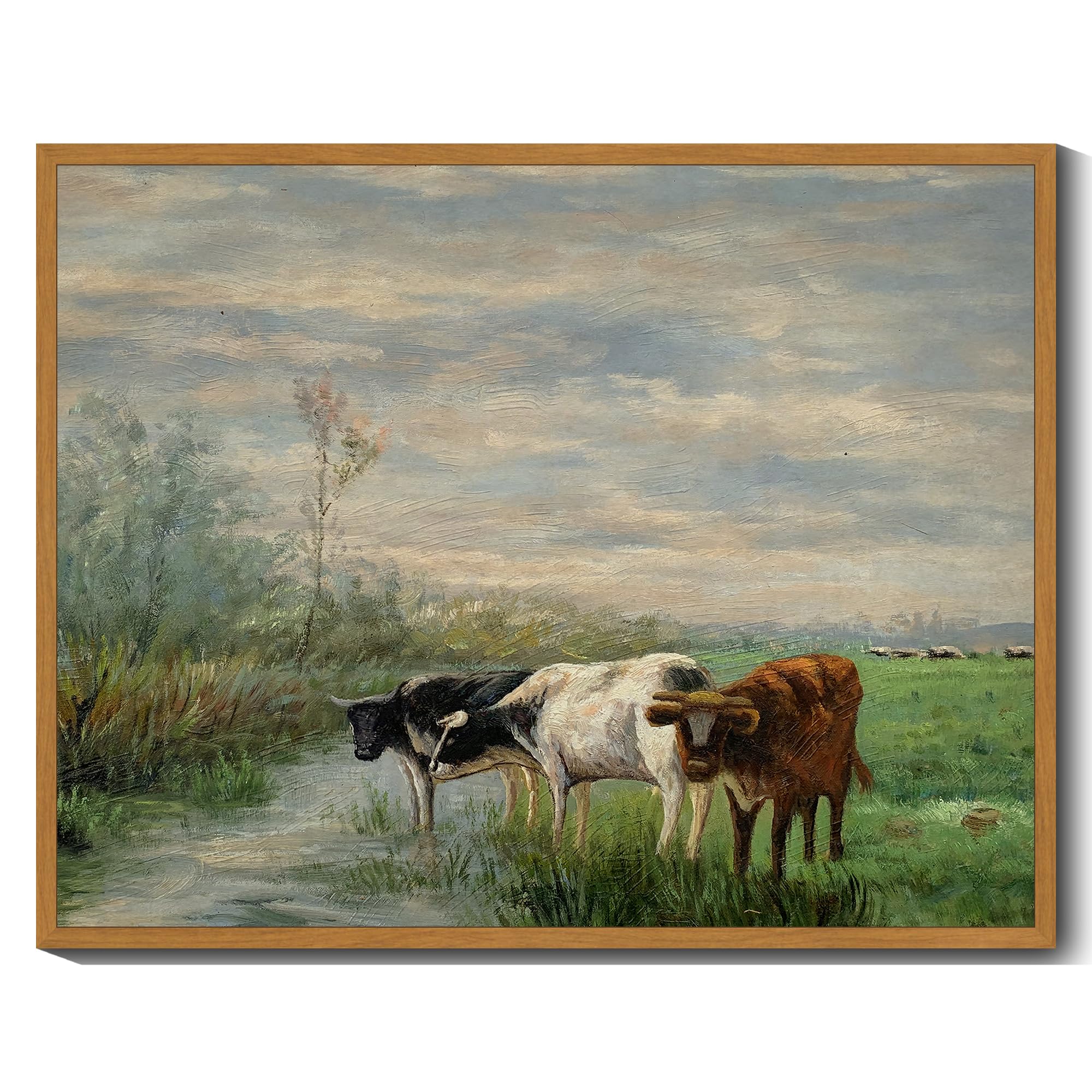 Vintage Framed Landscape Canvas Wall Art, Cow Farm Print, 11x14