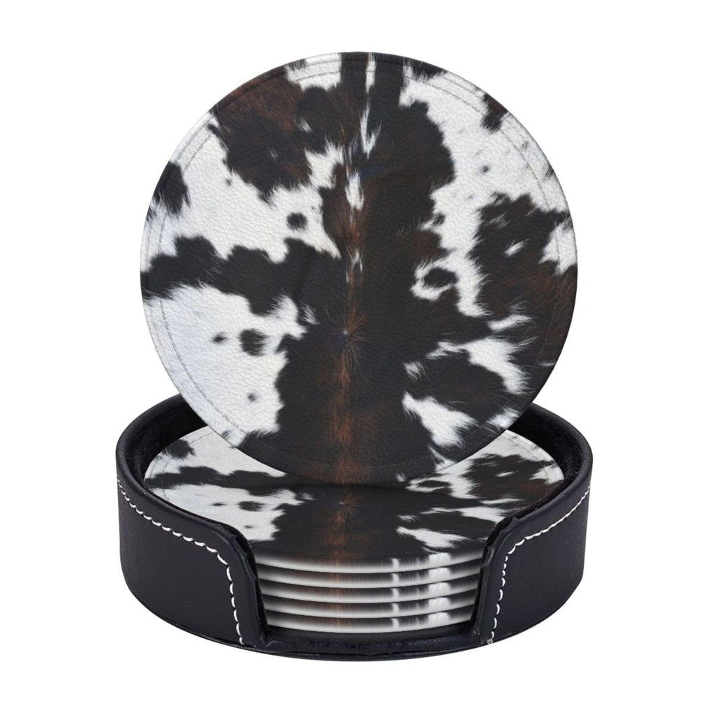 Cow Print Coasters for Drinks with Holder Round Leather Coasters Set of 6 Cups Mugs Mat Pad for Home Kitchen Bar