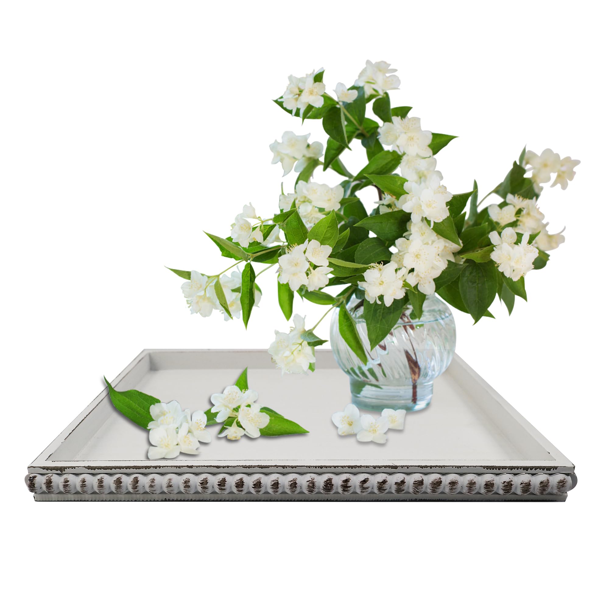 Hodeframe Wooden Serving Tray: White Rectangular Wood Butler Decorative Tray Candle Holder Trays Vintage Centerpiece Farmhouse Ottoman Tray for Decor Countertop Home Decor Accessories for Table