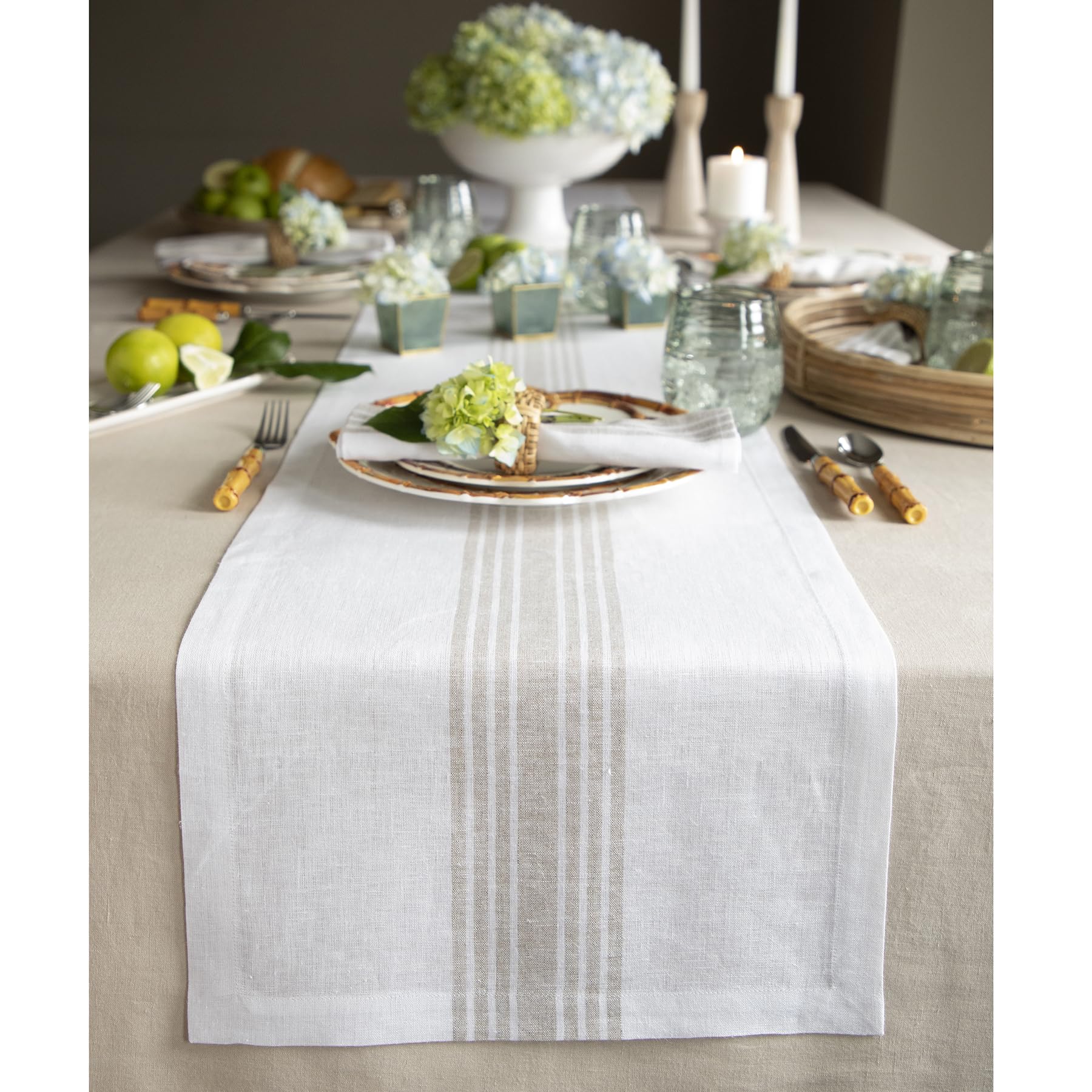 Solino Home Stripe Linen Table Runner 120 inches Long – 100% Pure Linen Natural and White Table Runner 18 x 120 Inch – Machine Washable Farmhouse Spring Table Runner