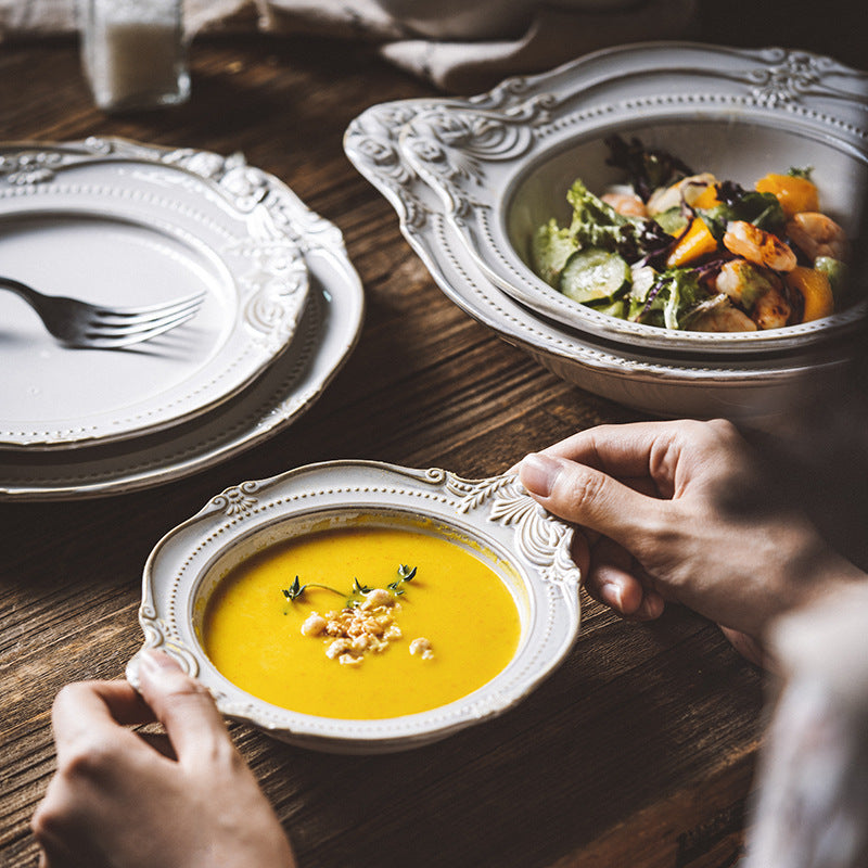 Relief Ceramic Tableware Rice Bowl and Plate Set