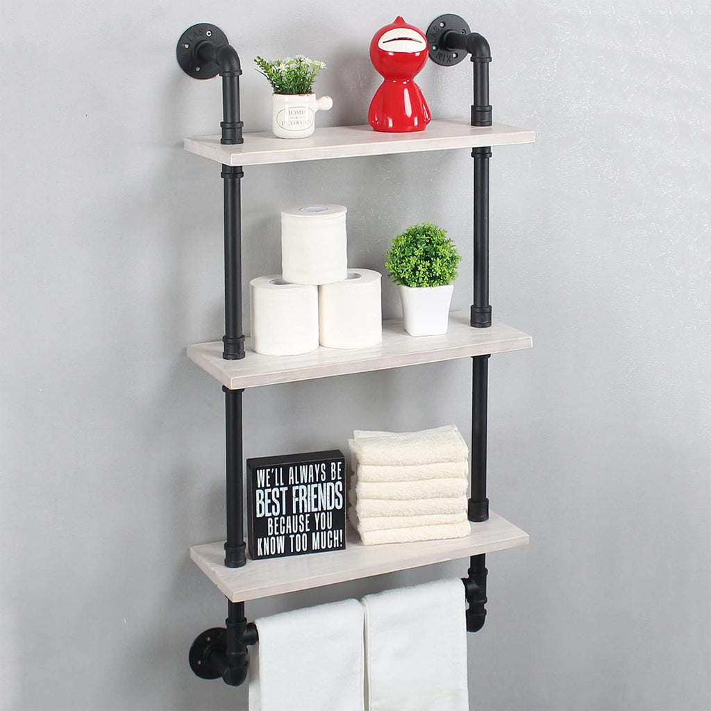 MBQQ Industrial Pipe Shelf Bathroom Shelves Wall Mounted19.6in Rustic Wood Shelf with Towel Bar3 Tier Farmhouse Towel Rack Over ToiletPipe Shelving Floating Shelves Towel HolderRetro Grey