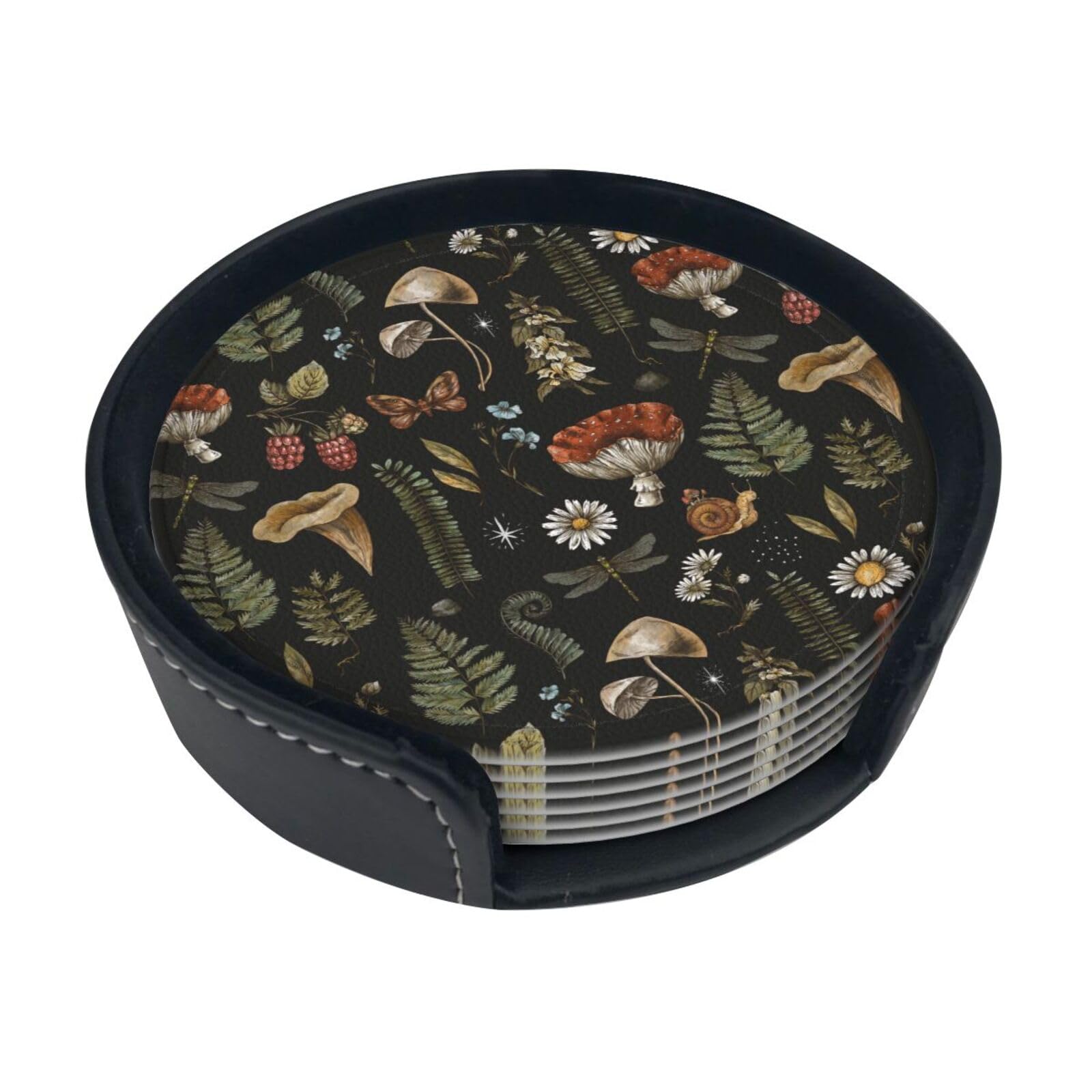 Vintage Mushroom Coasters with Holder — Set of 6