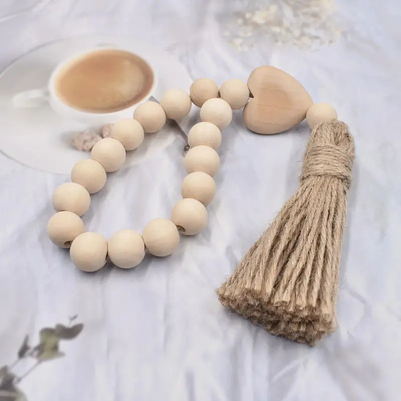 Rustic Wood Bead Garland with Farmhouse Tassels Decor