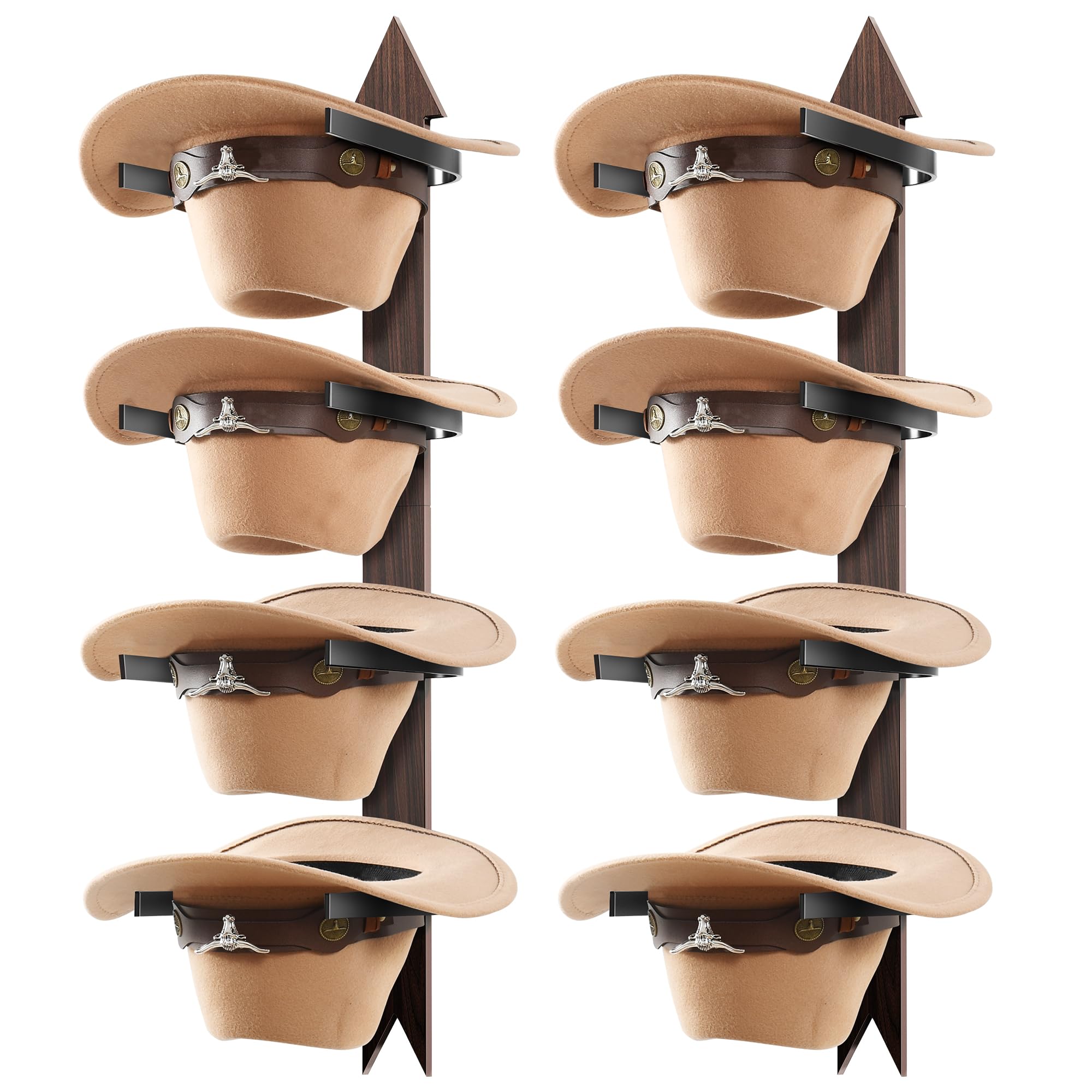Wooden Cowboy Hat Rack for Wall, Holds 4 Hats, Set of 2