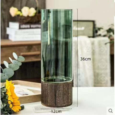 Modern Glass Hydroponic Vase with Wooden Stand – Minimalist Tabletop Flower Arrangement