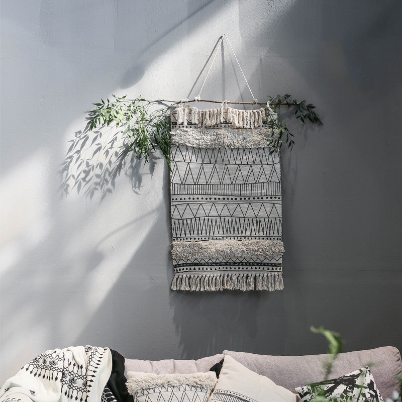 Geometric Black and White Moroccan Carpet with Tassels