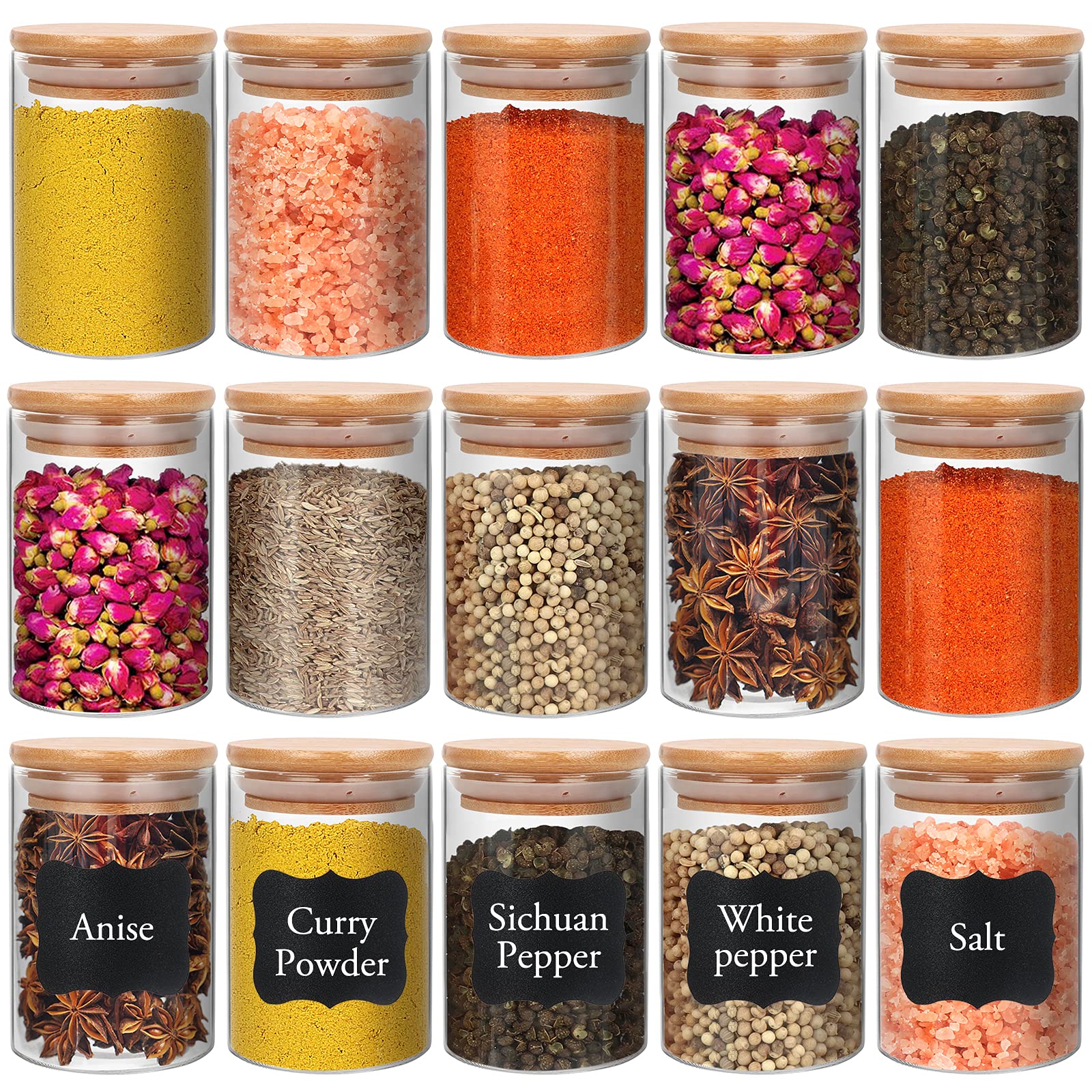8 oz Glass Jars with Airtight Bamboo Lids, Set of 15