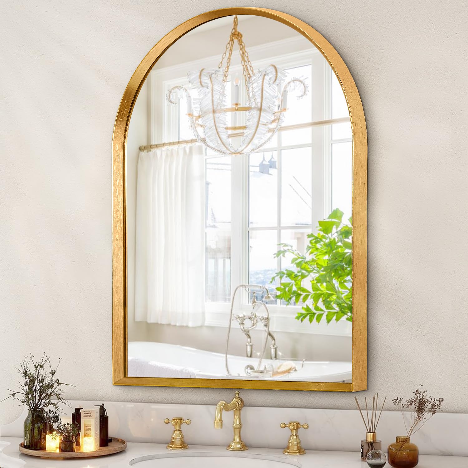 Arched Bathroom Mirror with Gold Aluminum Frame, 36" x 24" – Wall Mounted Mirror