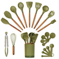 22-Piece Silicone Kitchen Utensils Set with Acacia Wood Holder, Green