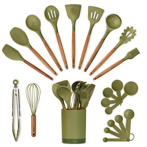 22-Piece Silicone Kitchen Utensils Set with Acacia Wood Holder, Green