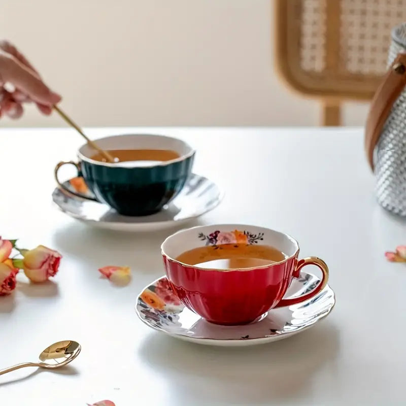 Vintage Ceramic Coffee Mug Set with Saucer and Spoon