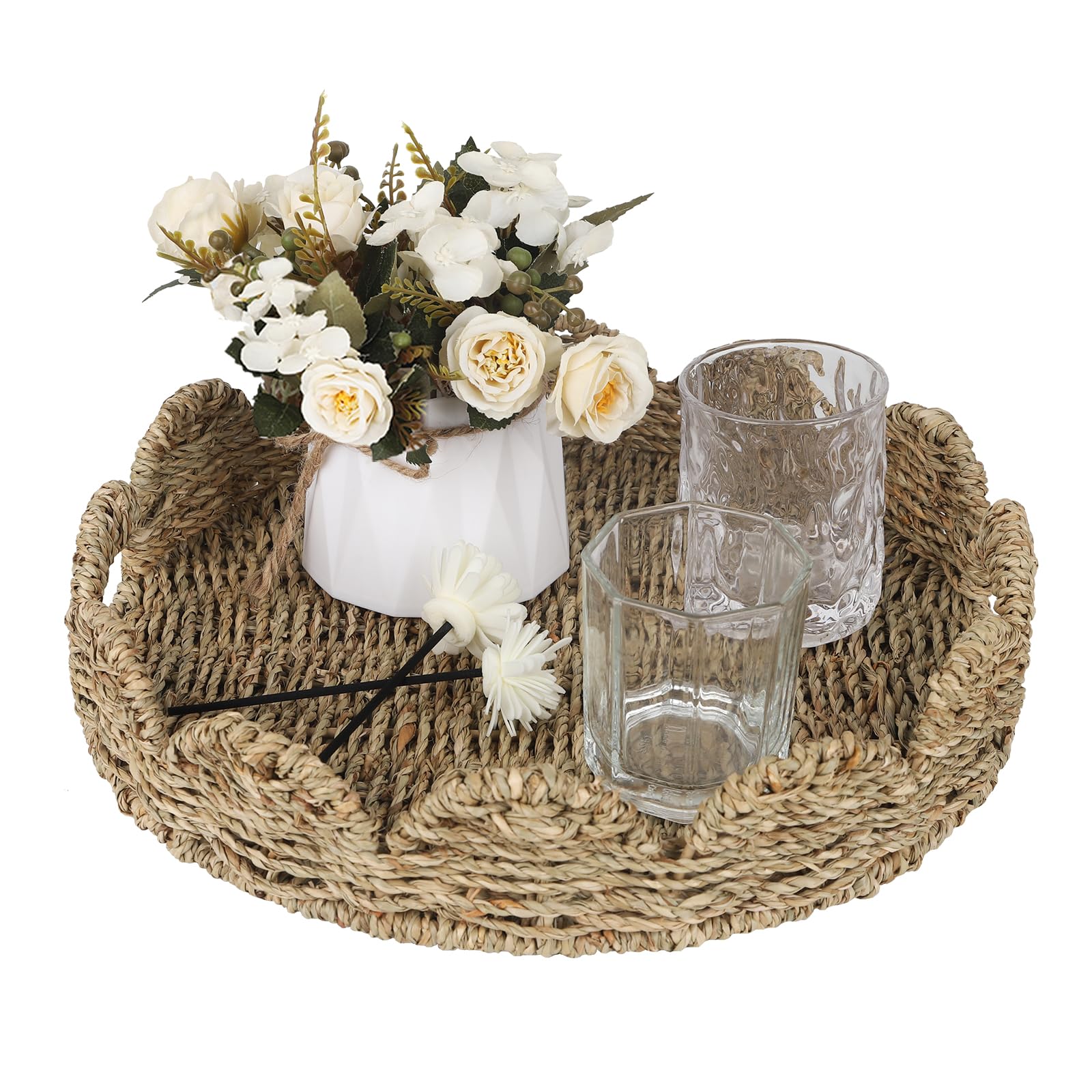Scalloped Round Woven Seagrass Serving Tray with Handles