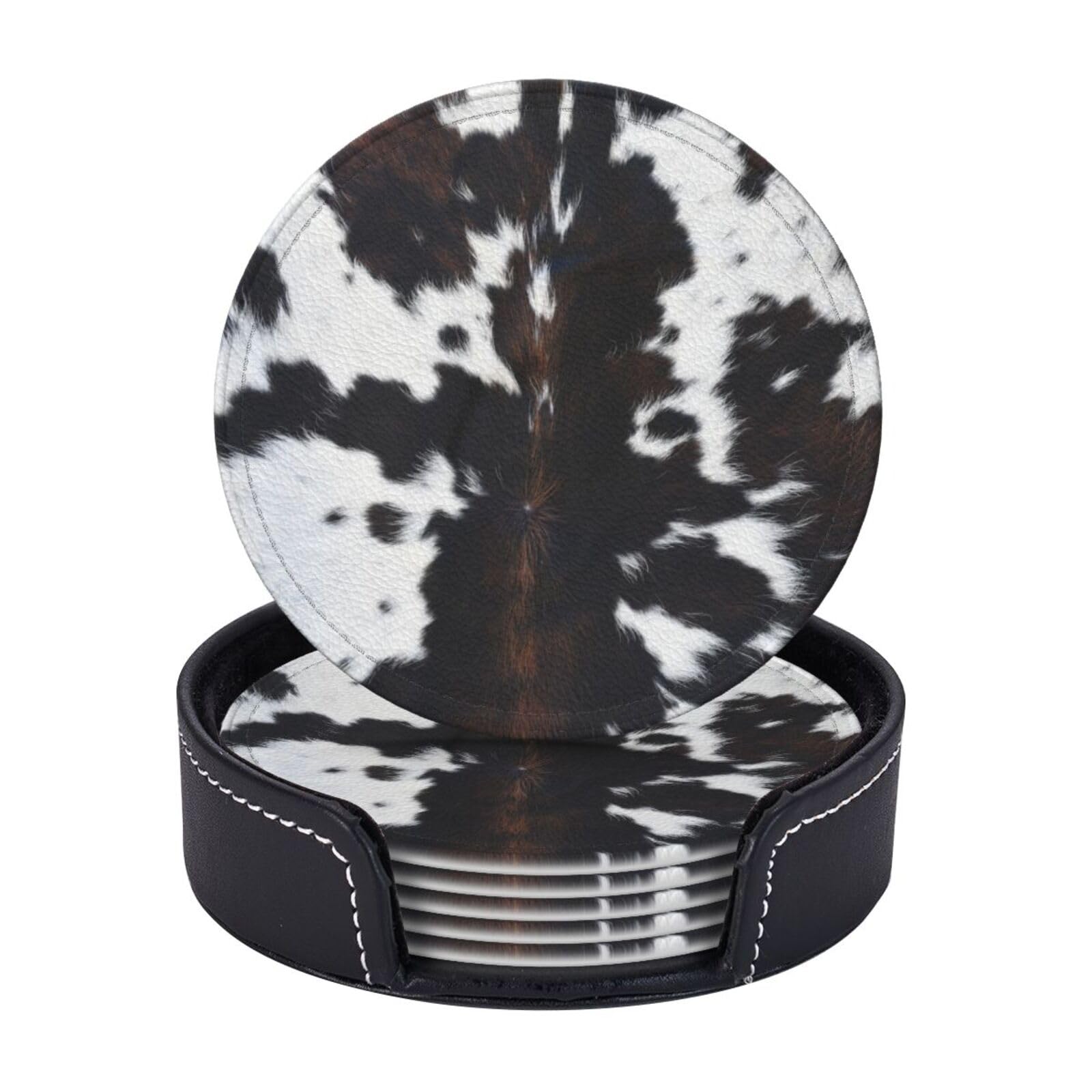 Cow Print Coasters for Drinks with Holder Round Leather Coasters Set of 6 Cups Mugs Mat Pad for Home Kitchen Bar