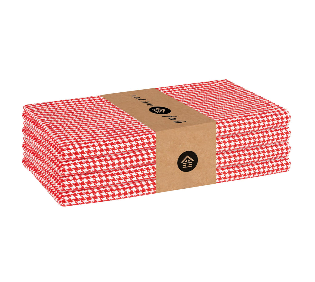 Native Fab Houndstooth Cloth Napkins, 18x18 Inch, Set of 4, Red