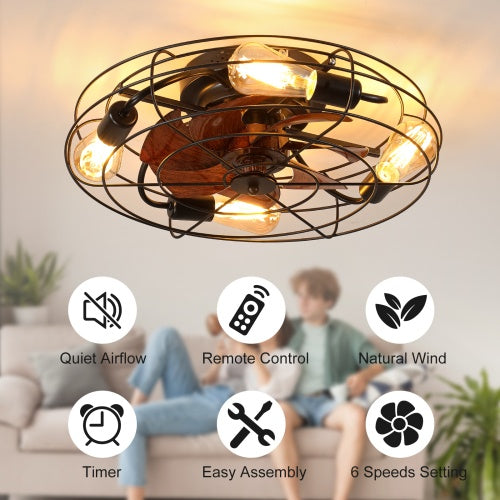 Cage Ceiling Fan with Light, 20 Inch Farmhouse Low Profile, Remote Control