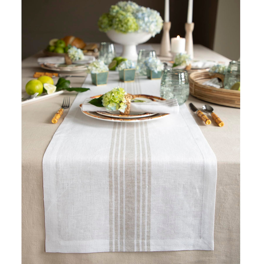 Solino Home Stripe Linen Table Runner 120 inches Long – 100% Pure Linen Natural and White Table Runner 18 x 120 Inch – Machine Washable Farmhouse Spring Table Runner