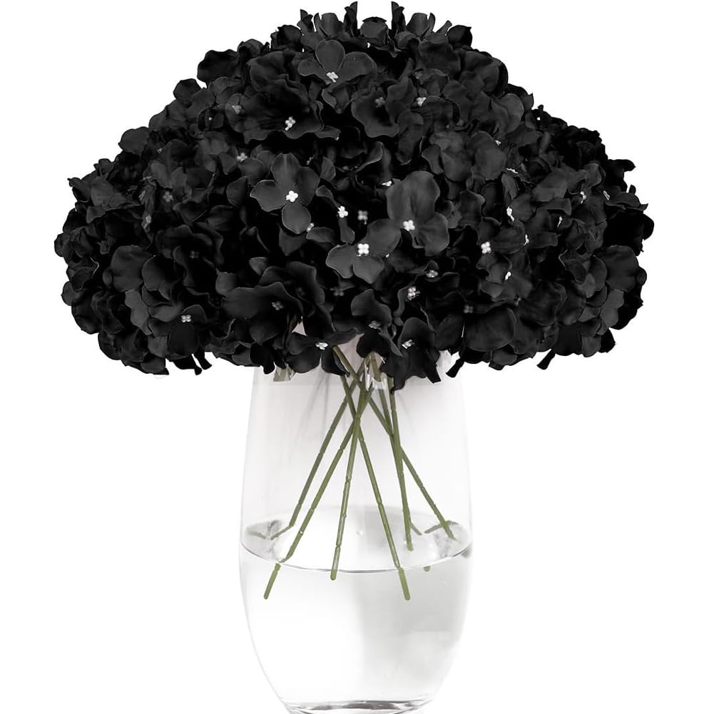Artificial Hydrangea Silk Flowers with Stems, Black, Set of 12