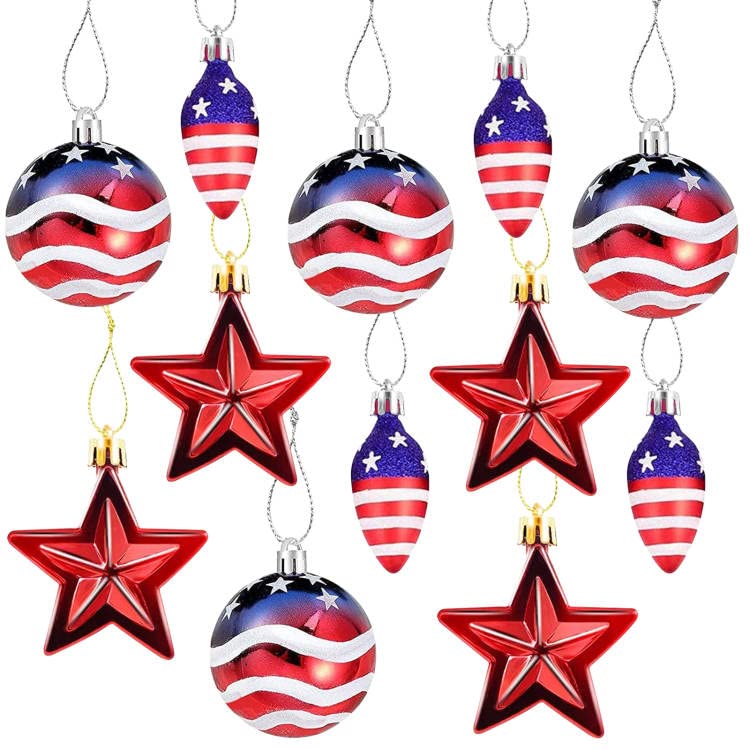 12-Piece Patriotic Hanging Ball Ornaments, Red White Blue, 4th of July