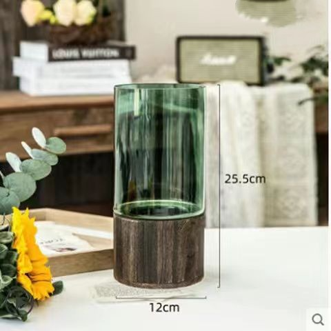 Modern Glass Hydroponic Vase with Wooden Stand – Minimalist Tabletop Flower Arrangement