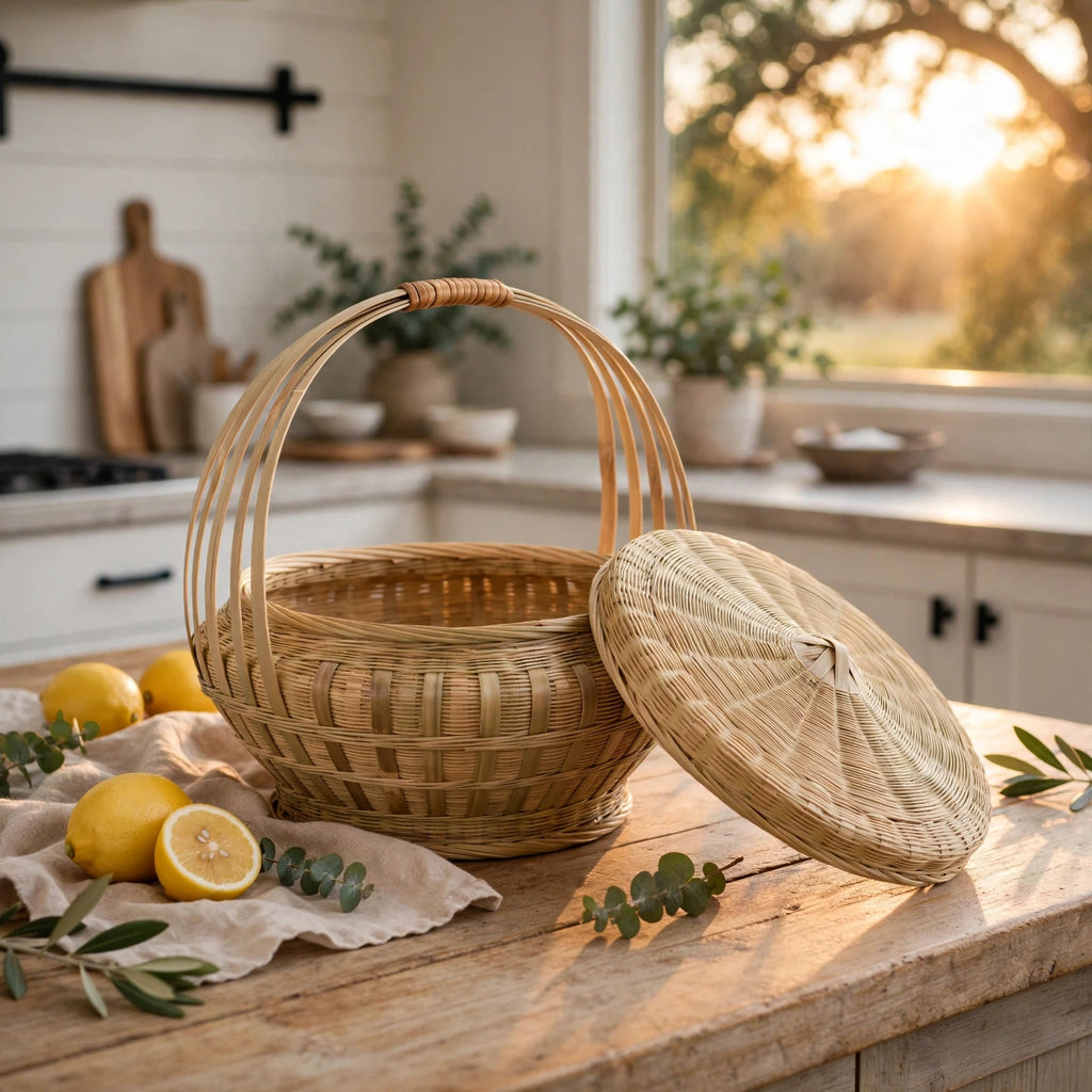 Bamboo Woven Basket with Lid for Outdoor Use