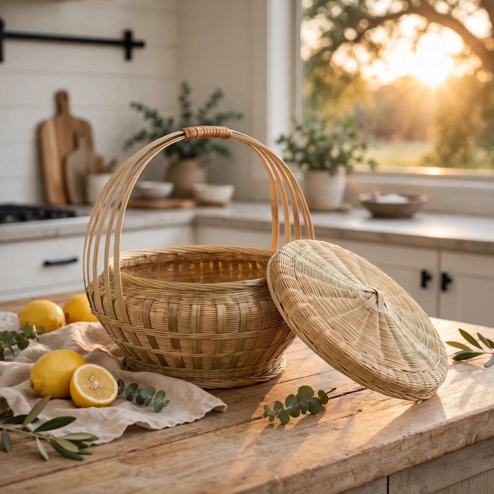Bamboo Woven Basket with Lid for Outdoor Use