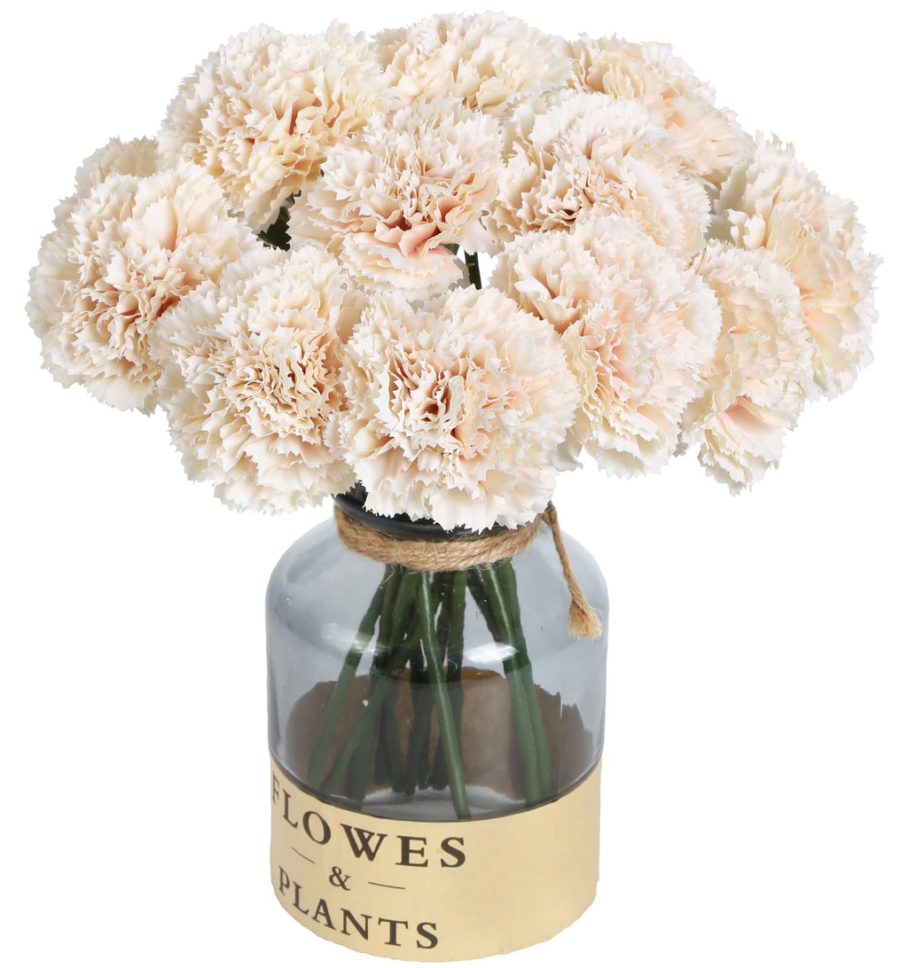 Artificial Carnation Silk Flowers with Stems, Champagne, Set of 15
