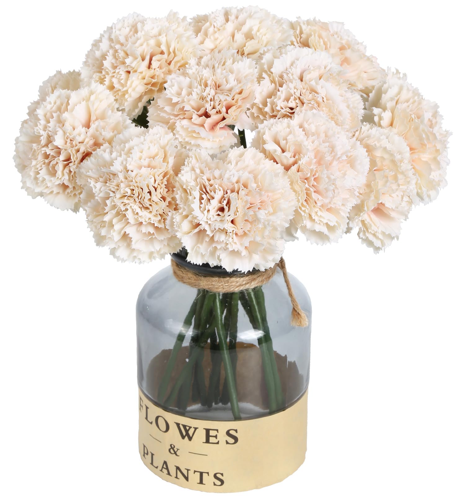 Artificial Carnation Silk Flowers with Stems, Champagne, Set of 15
