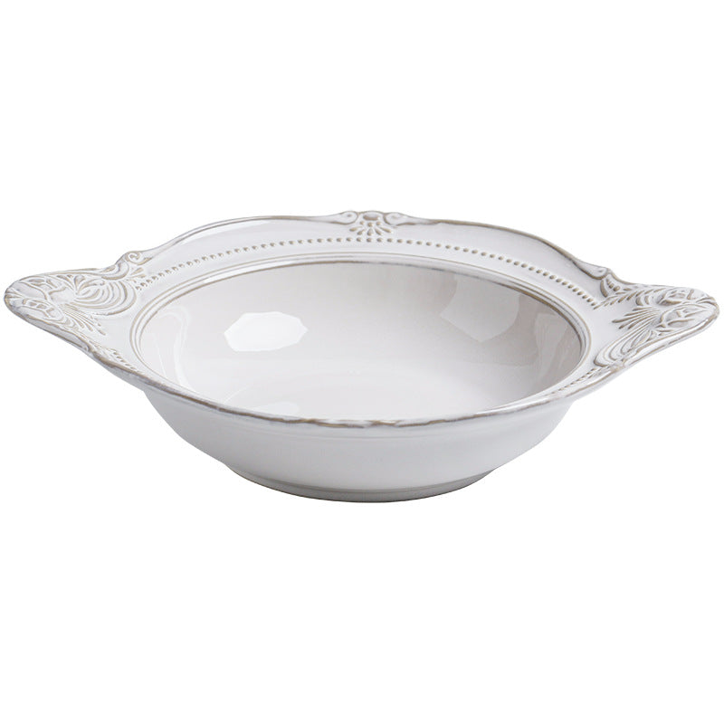 Relief Ceramic Tableware Rice Bowl and Plate Set