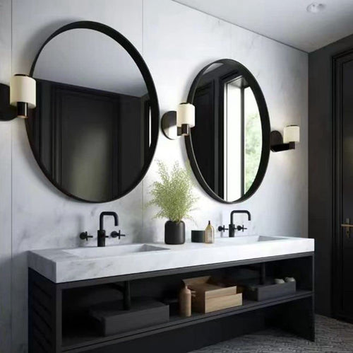 30 Inch Round Black Bathroom Mirror with Metal Frame – Wall Mirror for Vanity & Over Sink, Set of 2