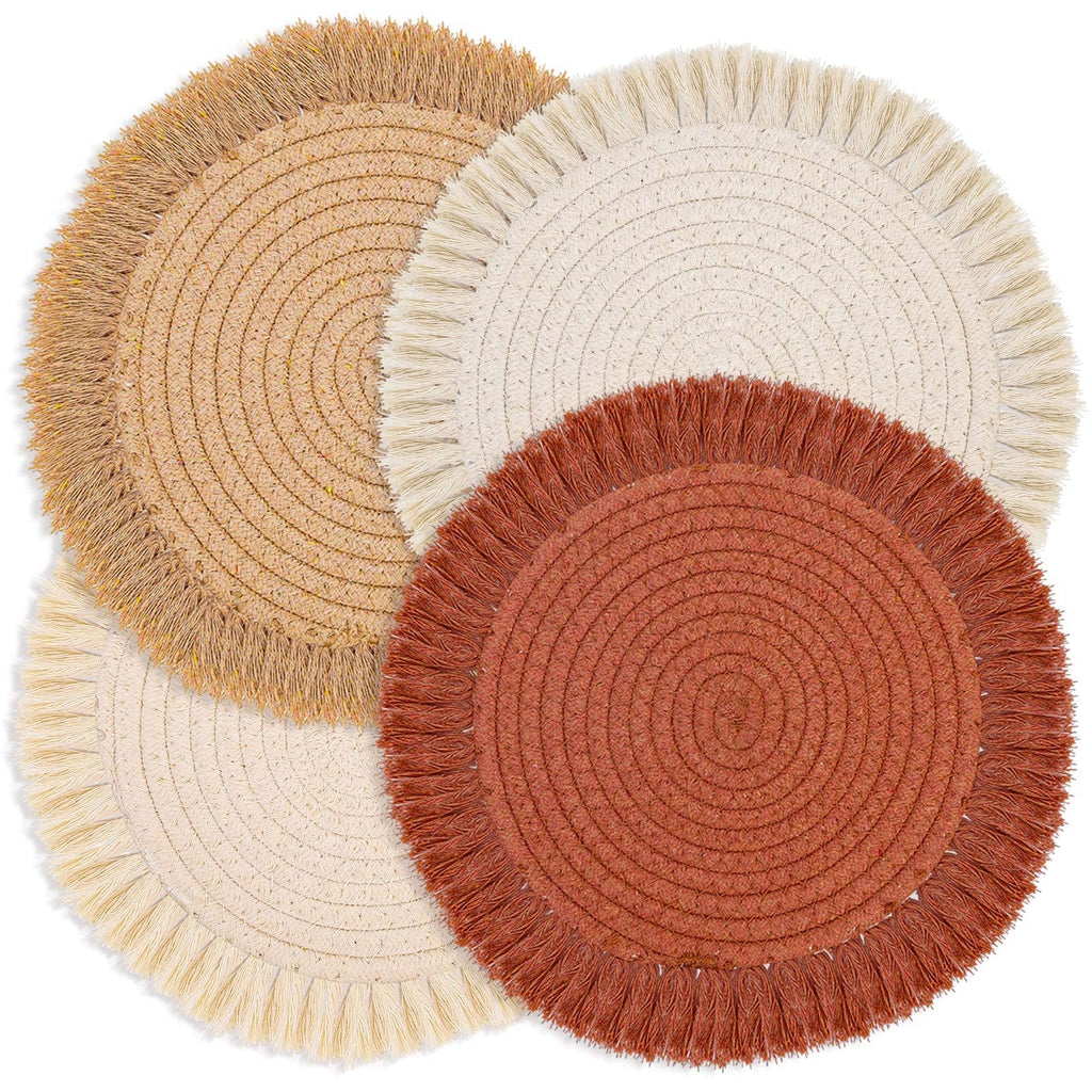 Woven Cotton Round Placemats — Set of 4, Boho, 13 Inch