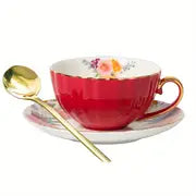 Vintage Ceramic Coffee Mug Set with Saucer and Spoon