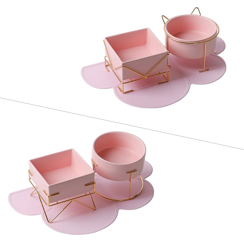 Ceramic Double Cat Bowl with Iron Stand for Pets