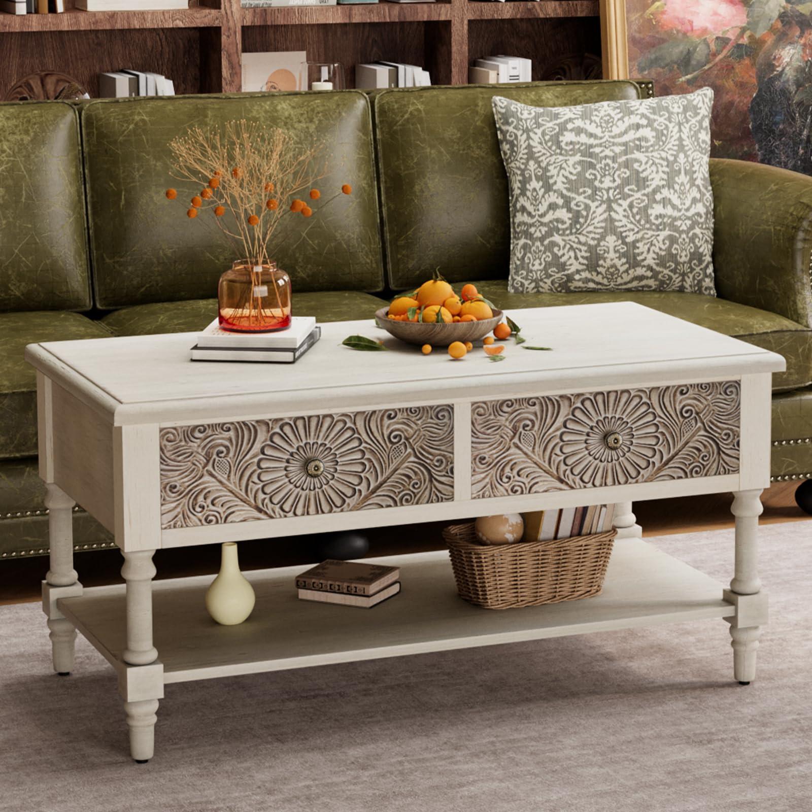 Vintage Farmhouse Coffee Table with Drawers, 2-Tier, Wood