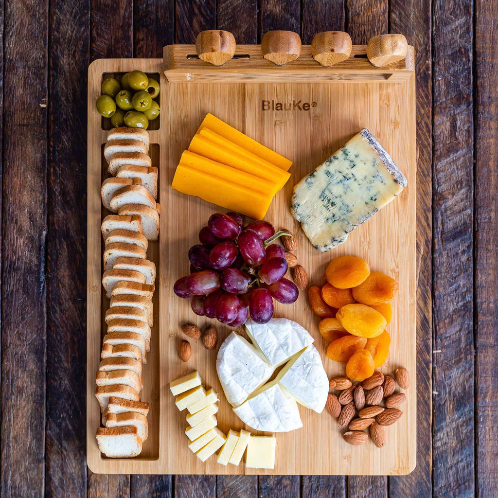 Bamboo Cheese Board and Knife Set, 14x11 Inch, with 4 Cheese Knives