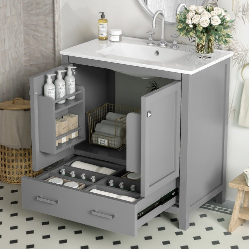30 Inch Gray Bathroom Vanity with Single Sink, Storage Cabinet & Drawer