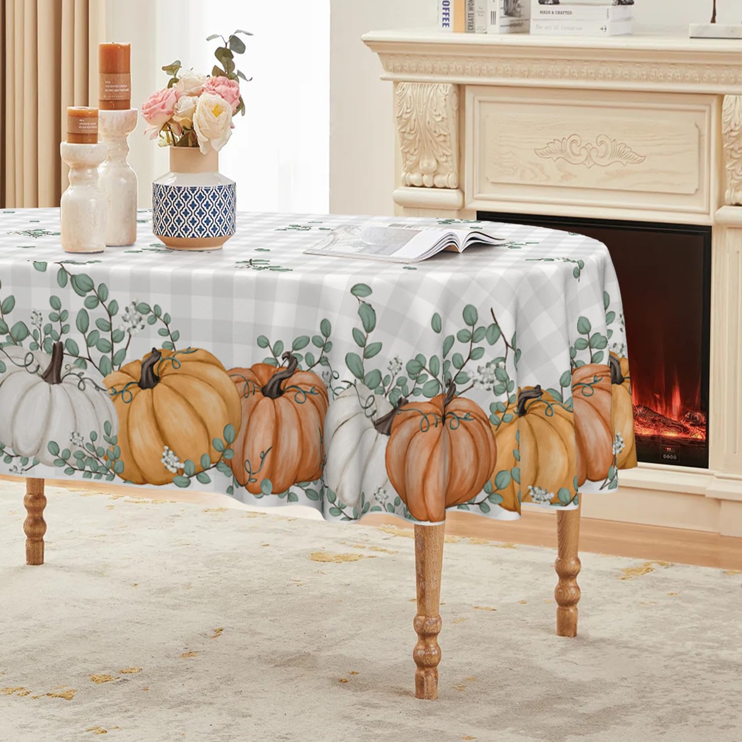 Fall Tablecloth, Oval, Orange Pumpkin Buffalo Plaid, 50x70 Inch