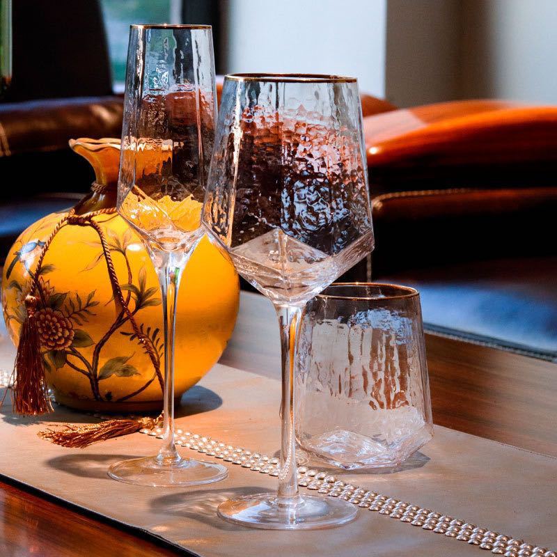 Nordic Hammered Glass Goblets — Vintage Style, Gold Rim