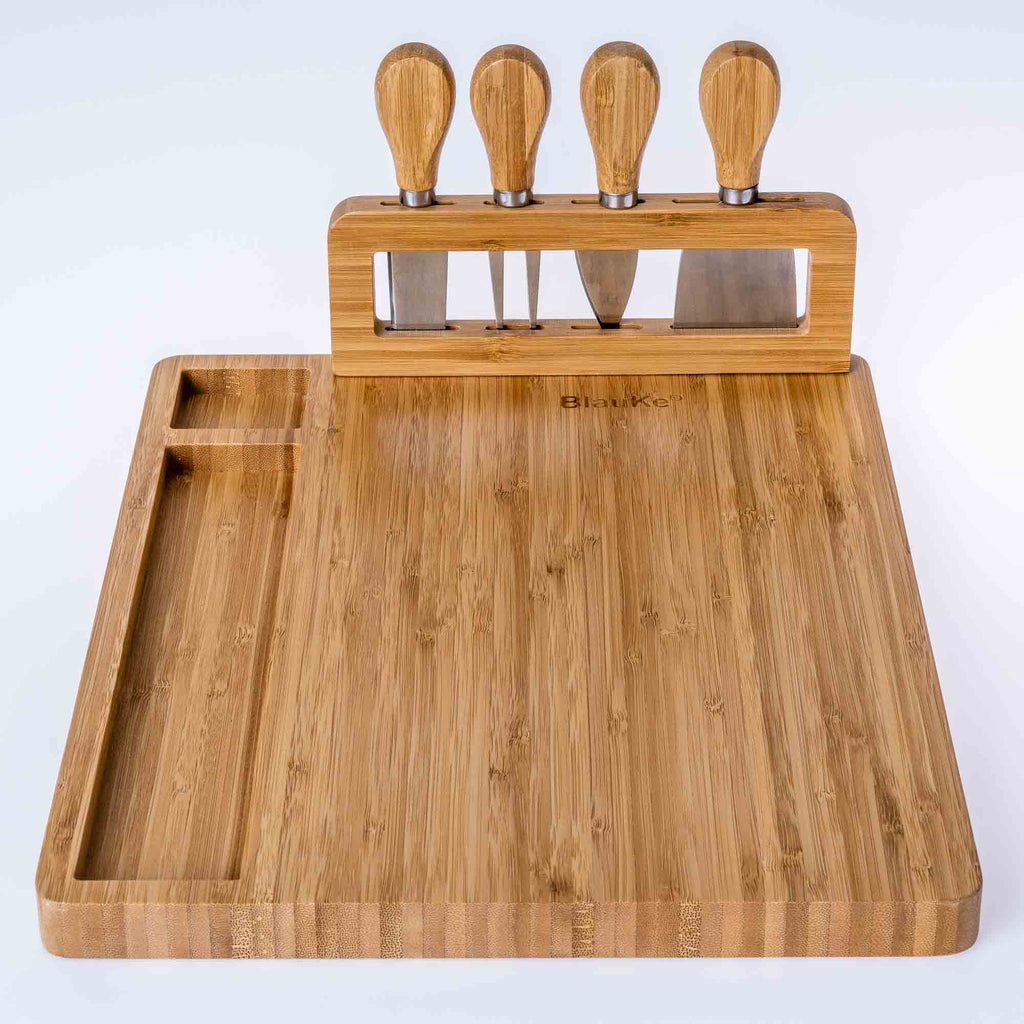 Bamboo Cheese Board and Knife Set, 14x11 Inch, with 4 Cheese Knives