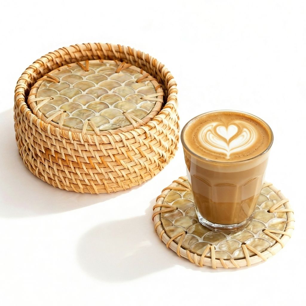Handmade Natural Rattan & Mother of Pearl Coaster Set (6 Piece + Holder) • Cascade Light-0