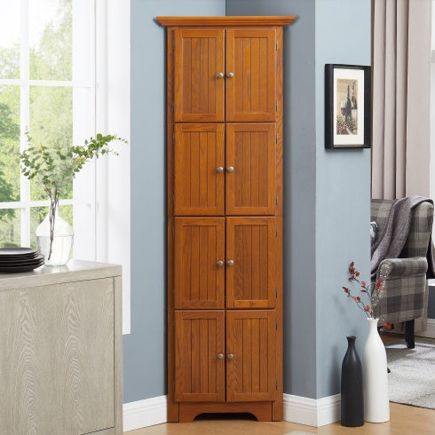 Tall oak corner pantry cabinet with eight doors