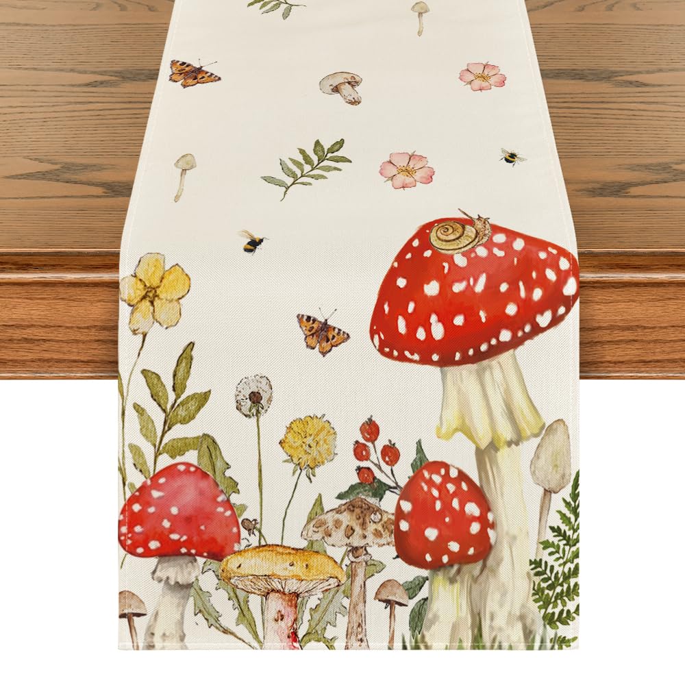 Artoid Mode Mushroom Wildflowers Spring Table Runner Seasonal Summer Bees Butterfly Kitchen Dining Table Decoration for Home Party Decor 13x90 Inch